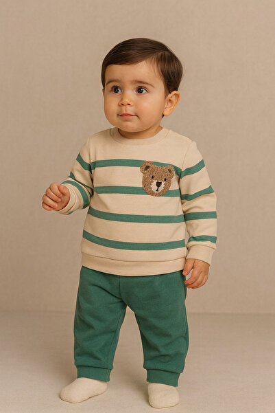 Katia&Bony طقم بيبي تيدي مخطط منقوش باللون الأخضر
