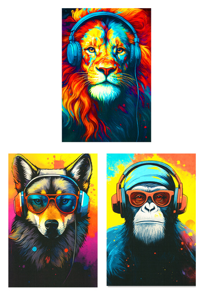 MODERN TASARI Set de pictură MDF cu urechi de leu, lup și maimuță – fără cadr...