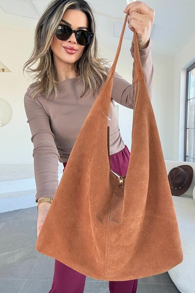 Eswomes Fermuarlı Büyük Kare Deri Çanta Taba