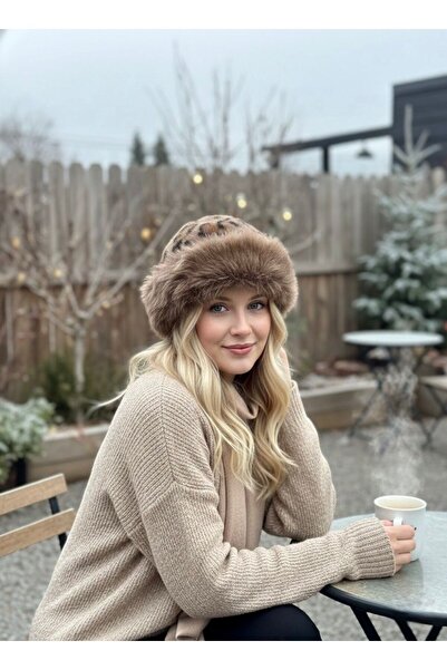 Trend Şapka 14622-1 Leopar Desenli Kürklü Peluş Kalpak Şapka