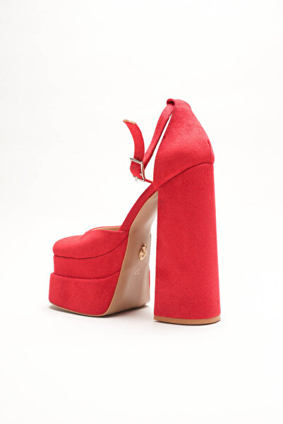 Ayakkabı Ateşi Red Suede Double Platform Chunky Heel Women's Shoes - Ankle Strap Blunt Toe Evening Dress