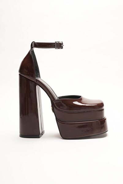 Ayakkabı Ateşi Women's Brown Patent Leather Double Platform Chunky Heel Women...