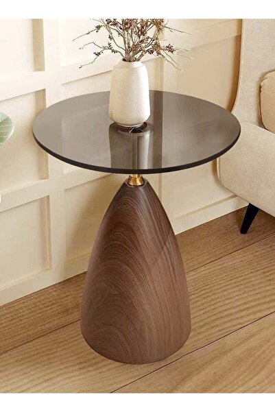 Raffine Multifunction Modern Round Coffee Table with Glass Top and Wood Base 45x55 cm