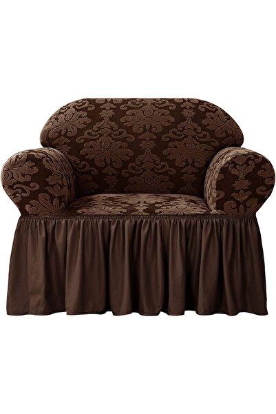 Bukela Classic Stretch Sofa Cover with Ruffled Skirt, Universal Jacquard Damask (Chocolate, 80-120 c