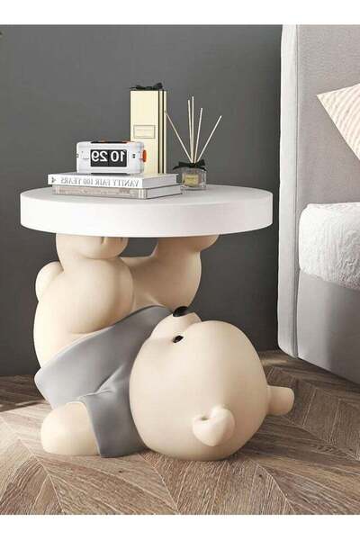 Raffine طاولة قهوة دائرية على شكل تمثال دب مع مكبر صوت بلوتوث، 45×40 سم