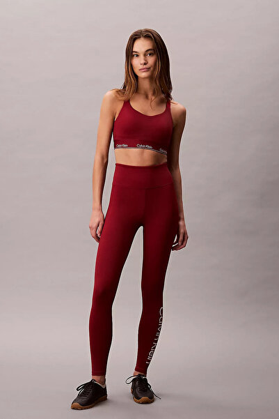 Calvin Klein Kadın Tam Kalıp Yüksek Bel Logolu Tayt - Bordo