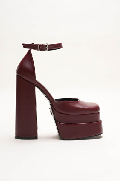 Ayakkabı Ateşi Burgundy Leather Double Platform Chunky Heel Women's Shoes - Ankle Strap Blunt Toe Evening Dress Shoes
