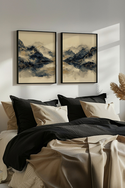 STARYUNA Set of 2 Mountain View Paintings with Watercolor Effect Black Wooden Frame Yuna445