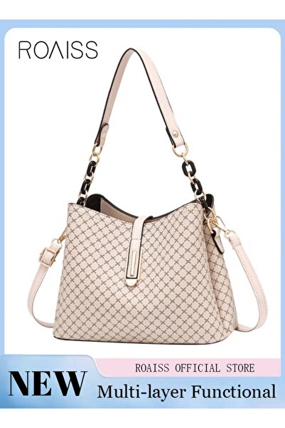 ROAISS PU Leather Handbag Large Capacity Shoulder Bag for Women Beige Elegant...