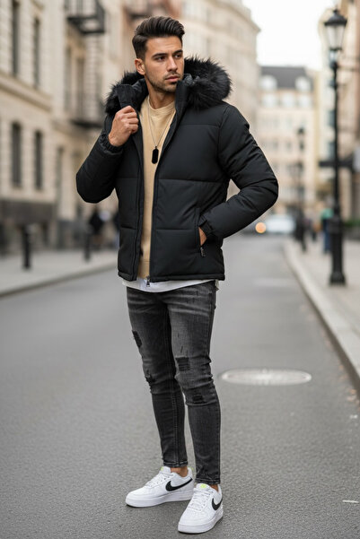 dehaine Men's fur jacket, detachable hood, A2333