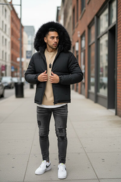 dehaine Men's fur jacket, detachable hood, A2333