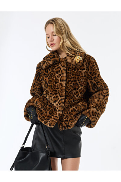 Koton Long Sleeve Buttoned Leopard Patterned Faux Faux Fur Coat