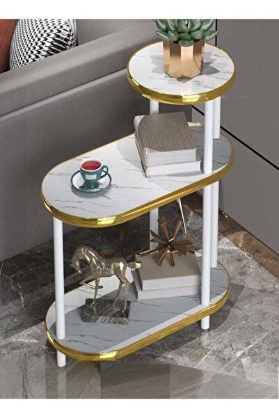 Raffine 3 Tier Modern Marble Side Table 3-Tier Coffee Table with Golden Trim for Living Room 60x30x