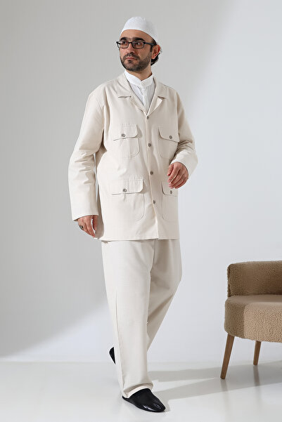 ihvan online Men's Linen Double Safari Suit - Hajj and Umrah Clothing Cream (Sfa)