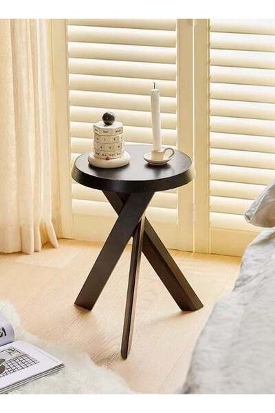 Raffine Vintage Cross Leg Solid Wood Sofa Table - Scandinavian Round Edge Nightstand 35x35x45 cm