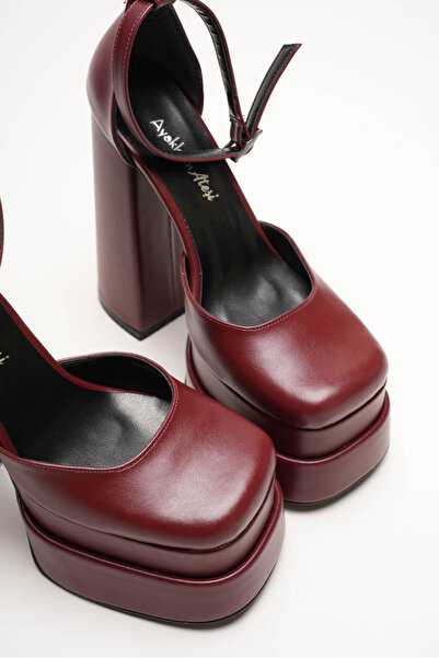 Ayakkabı Ateşi Burgundy Leather Double Platform Chunky Heel Women's Shoes - Ankle Strap Blunt Toe Evening Dress Shoes