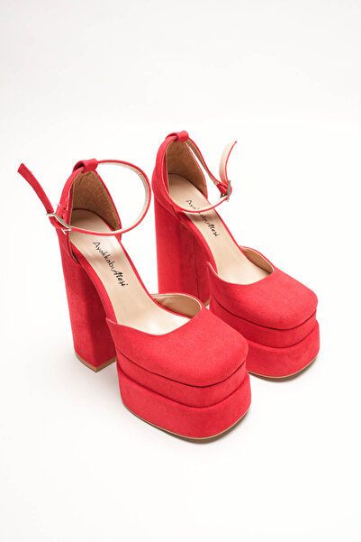 Ayakkabı Ateşi Red Suede Double Platform Chunky Heel Women's Shoes - Ankle Strap Blunt Toe Evening Dress