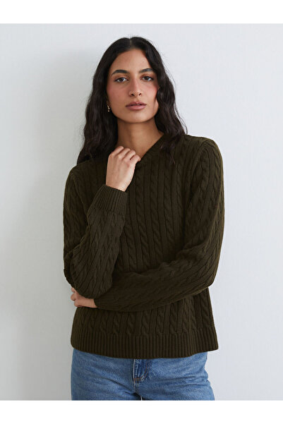 LC Waikiki Lcw Modest Khaki Crew Neck Self Patterned Women's Knitwear Sweater