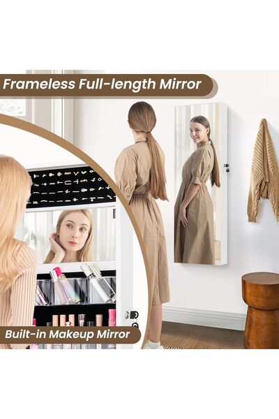 YESMAX خزانة مجوهرات بمرآة، منظم 2 في 1، خزانة مجوهرات مثبتة على الحائط بباب قابل للقفل مع أرفف