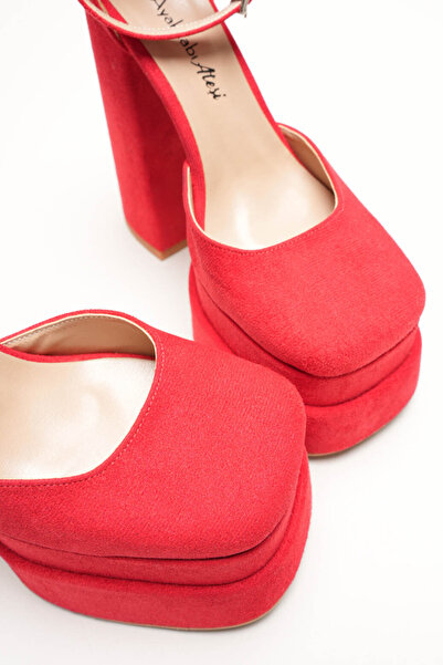Ayakkabı Ateşi Red Suede Double Platform Chunky Heel Women's Shoes - Ankle Strap Blunt Toe Evening Dress