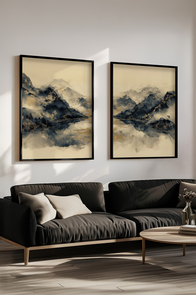STARYUNA Set of 2 Mountain View Paintings with Watercolor Effect Black Wooden Frame Yuna445