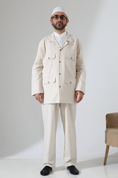 ihvan online Men's Linen Double Safari Suit - Hajj and Umrah Clothing Cream (Sfa)