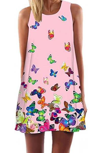 OEM Short, airy beach dress, sleeveless, pink with butterflies, XL 40-42 EU