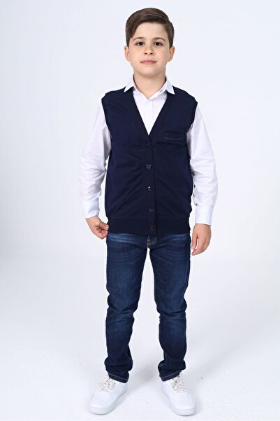 Toontoy Boy's Navy Blue V-Neck Buttoned Peto Knitted Vest with Pocket Detail
