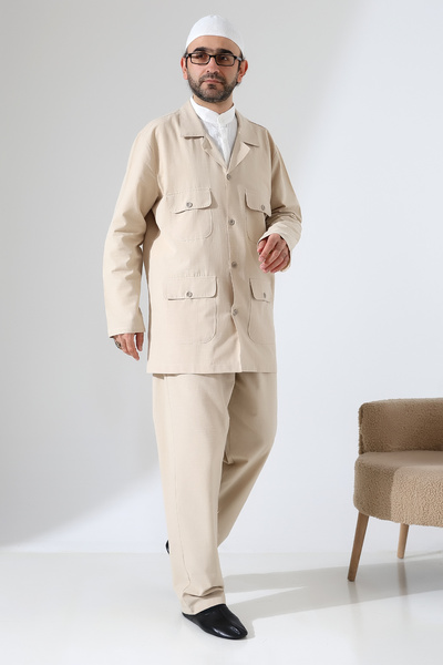 ihvan online Men's Linen Double Safari Suit - Hajj and Umrah Clothing Beige (Sfa)