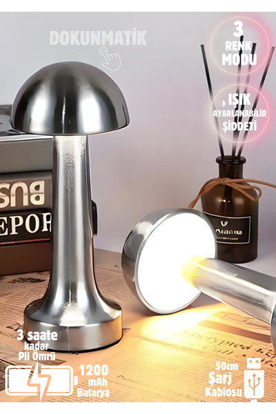 Hubstein Lizbon 3 Işık Renkli Şarjlı Dim Edilebilir Metal Masa Lambası Silver