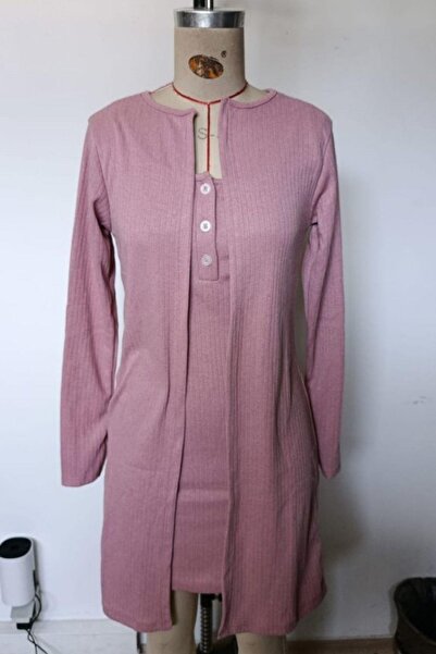 Mossta Button Detailed Strap Dress and Short Cardigan Two-Piece Set - Rose