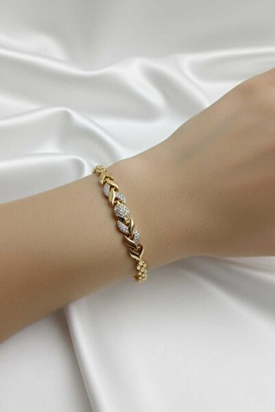 FASHİON JEWELRY Kadın 14K Altın Rengi Zirkon Kristal Taşlı Yaprak Bileklik