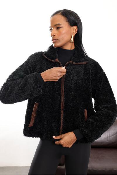 5in1Canpolat Black Velvet Detailed Plush Coat