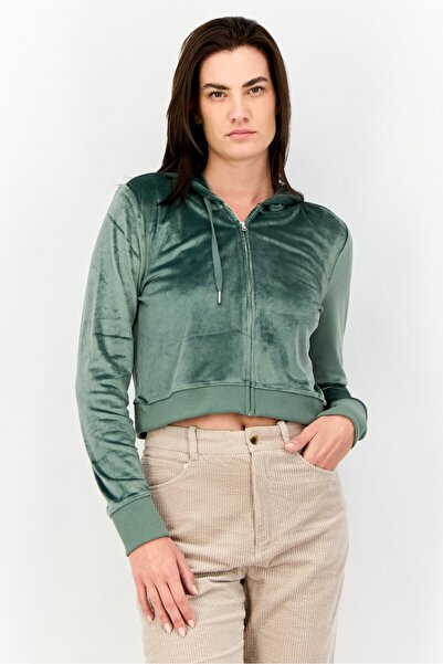 aerie Women Solid Long Sleeve Full Zip Hoodie, Dusty Green