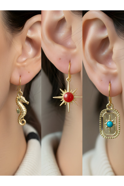 TURBİJ طقم أقراط نسائية مكون من 3 قطع مع رمزات عصرية