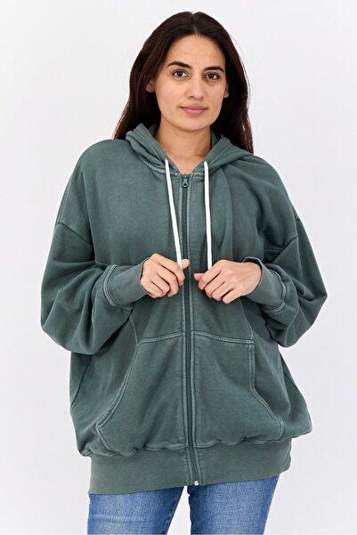 Offline by Aerie هودي نسائي بأكمام طويلة وسحاب كامل، زيتوني