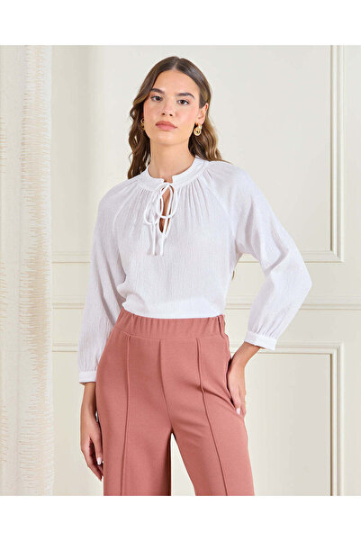 REDTAG Women White Tie-Neck Blouse