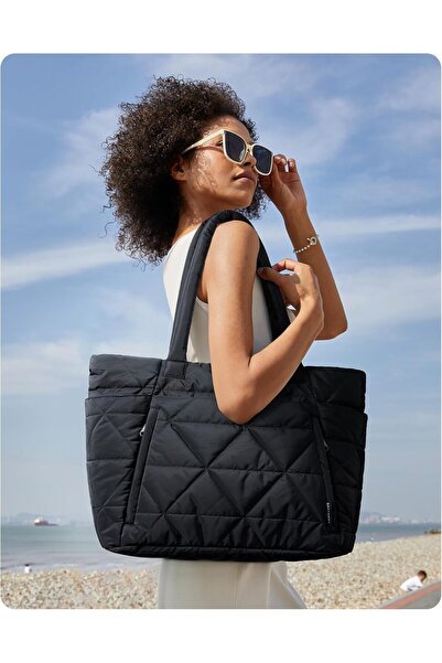 BAGSMART Puffy Tote Bag for Women with Zipper - Large Quilted Shoulder Bag for Travel, Work, Gym