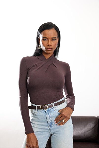 5in1Canpolat Bitter Brown Collar Detailed Bodysuit 2644