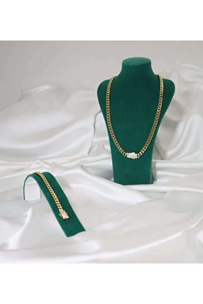 Cactus Accesories Gurmet Zincir Gold Kaplama Zirkon Taşlı Çelik Set (Bileklik & Kolye) 14K