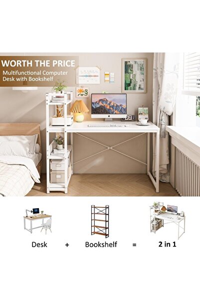 ZUIHAO Computer Study Table with 4-Tier Shelves，Modern Home Desk with Bookshelf for Home Office Workstation