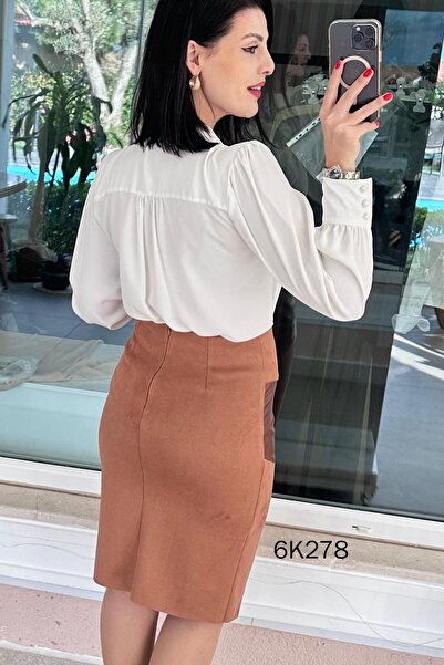 İnce Topuk Leather Paneled Suede Skirt 6K278