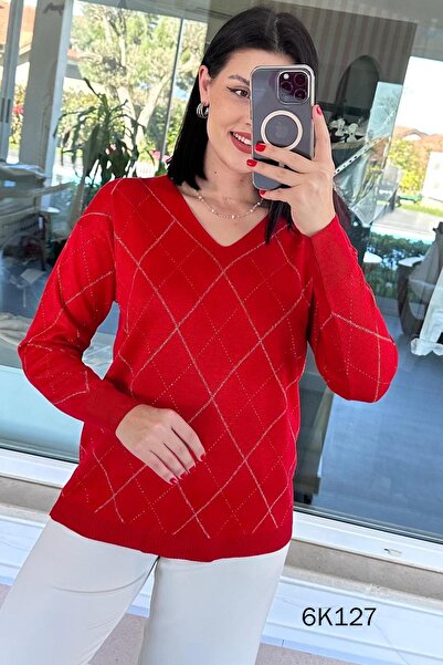 İnce Topuk Baklava Pattern Glitter V-Neck Knitwear Blouse 6K127