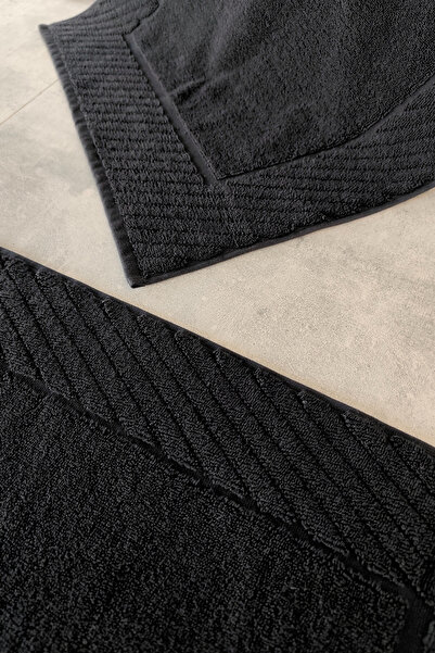 Sevim Set of 2 Diagonal Striped Foot Towels - 100% Cotton Towel Set - 50X70 cm - Black