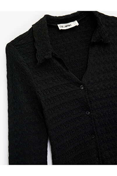 Koton Slim Fit Long Sleeve Buttoned Textured Classic Collar Blouse