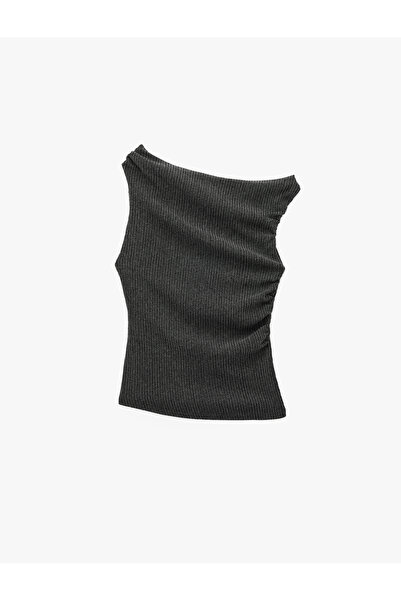 Koton Viscose Blend Drape Detailed Textured Asymmetrical Neckline Sleeveless Blouse