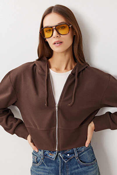 Lovelyİstanbul بغطاء رأس سترة سيلانيك بسحاب LXA0025 بني داكن