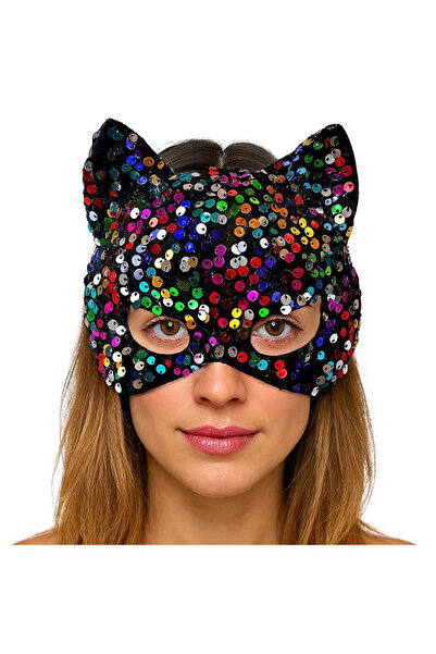 eco port قناع حفلات مزين بالترتر الملون على قماش مخملي أسود مقاس 16x14 سم