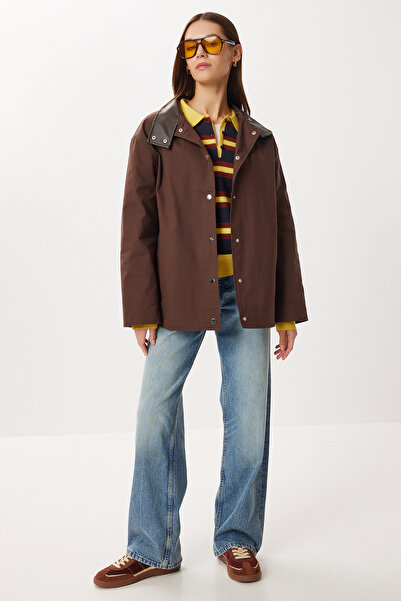 Lovelyİstanbul Contrast Leather Collar Detailed Gabardine Jacket Lfn0139 Brown
