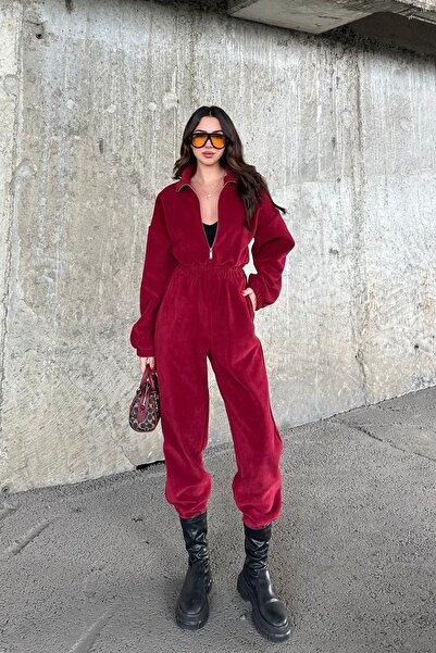 XELA DİK YAKA FERMUARLI GENİŞ KALIP POLAR KUMAŞ SICAK TUTAN UZUN KOLLU TULUM